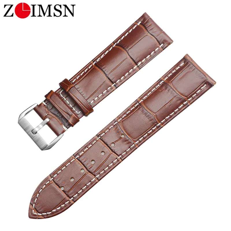 Brown White Silver Ремешок для часов ZLIMSN из натуральной кожи 16 мм 18 мм 20 мм 22 мм 24 мм ремешок для часов Tissot Seiko DW Longines samsung gear huawei Watch GT - Цвет ремешка: Brown White Silver