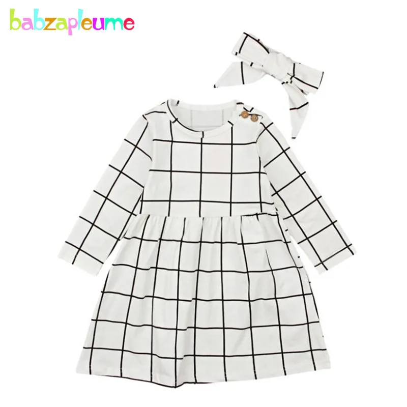

2-6Years 2Piece Spring Fall Clothes Children Dresses Long Sleeve Fashion Plaid Toddler Girls Dress+Headband Baby Clothing BC1020
