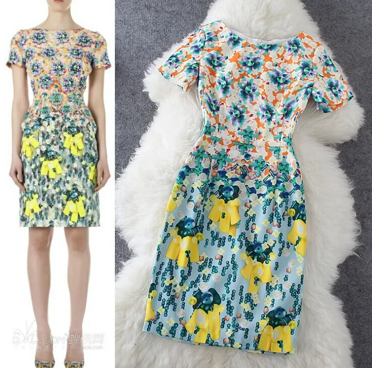 Diamond print elegant o neck super high quality runway standard 2014 summer fashion dress slim party sweet casual S XXL dresses|dress up dress|dress