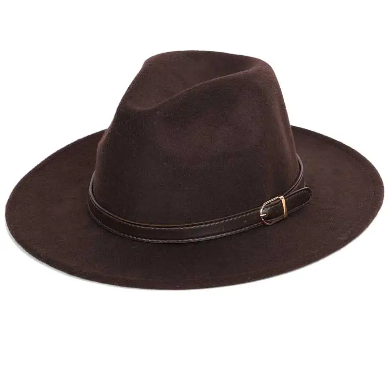 Шерсть мелкой fedora регулируемый теплый модные мужские шапки унисекс пояс золотой пряжкой мужские большие размеры 60 см Шапки шляпа классический котелок джаз - Цвет: Coffee