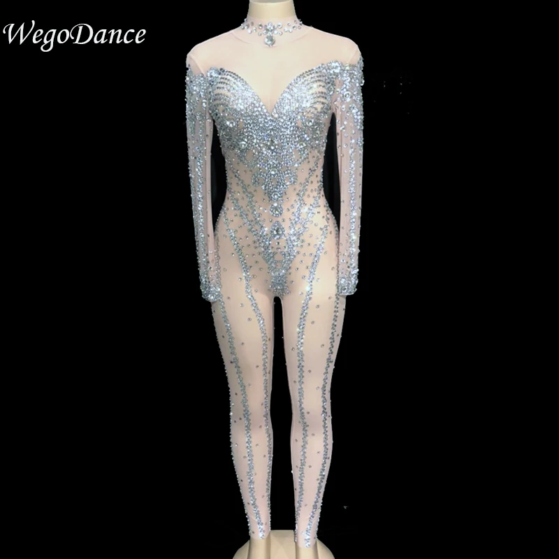 

Новинка, Лидер продаж, сетчатый женский сексуальный Блестящий Комбинезон с серебряными блестящими кристаллами, боди для ночного клуба, веч...