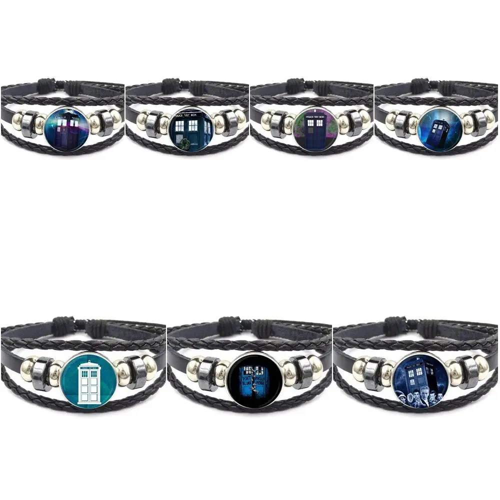EJ Glaze Black Leather Bracelet Bangle Glass Cabochon Jewelry For Girls Best Gift Dr Who Police Box