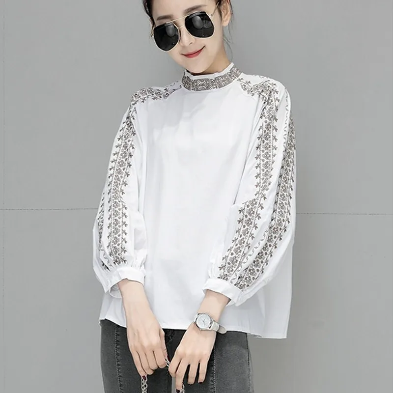 

2018 women vintage national style sleeve totem flower embroidery blouses shirt chic retro femininas blusa casual tops