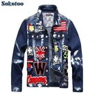 Мужская джинсовая куртка Sokotoo с нашивками в виде флага черепа и надписей раскрашенная облегающая курточка с длинным рукавом верхняя одежда