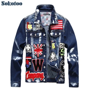 Мужская джинсовая куртка Sokotoo с нашивками в виде флага черепа и надписей раскрашенная облегающая курточка с длинным рукавом верхняя одежда
