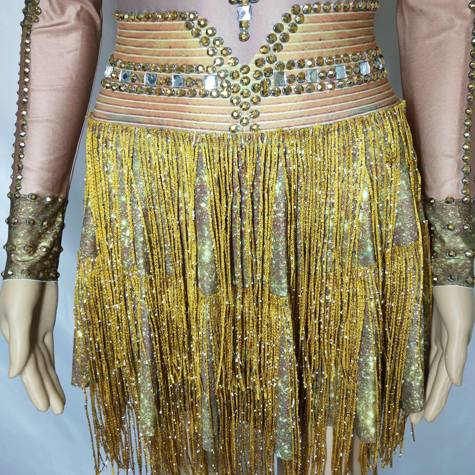 Блестящие стразы золотые кисточки женское эластичное короткое платье DJ Singer с