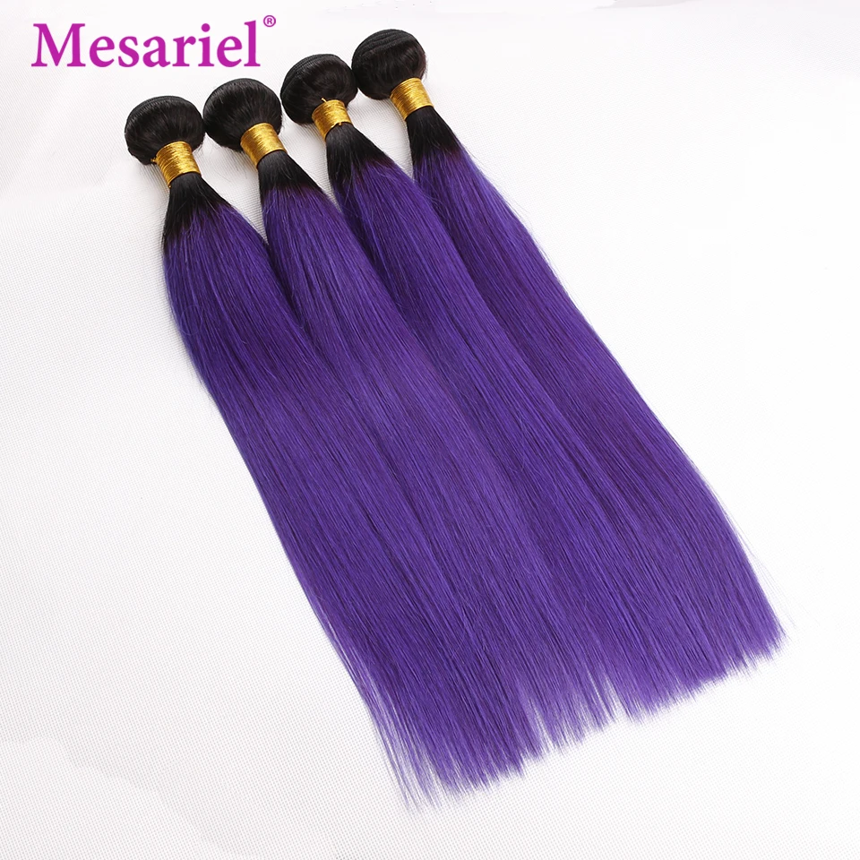 Mesariel Human Hair Bundles with Closure Ombre 1B Purple Brazilian Straight Weave Extension 4 Remy | Шиньоны и парики