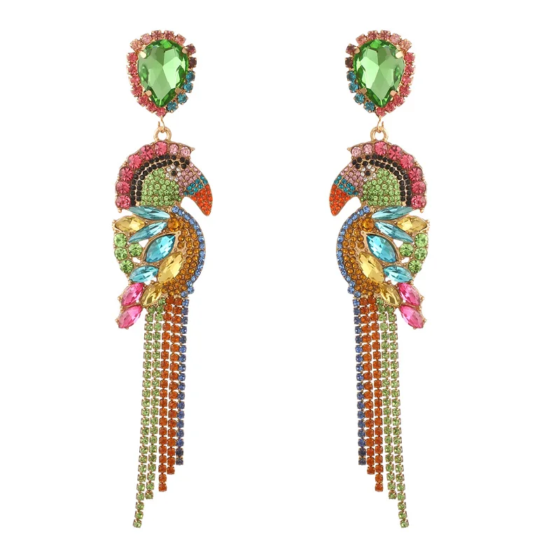 Multicolor luxury Birds big earrings women earrings statement long tassel fashion colorful rhinestone chandelier earings jewelry - Окраска металла: Multicolor