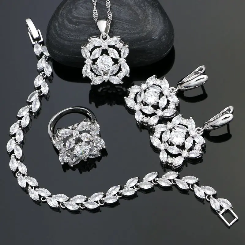 

925 Sterling Silver Bridal Jewelry Sets For Women Wedding White Cubic Zirconia Earrings/Ring/Bracelet/Necklace/Pendant Set