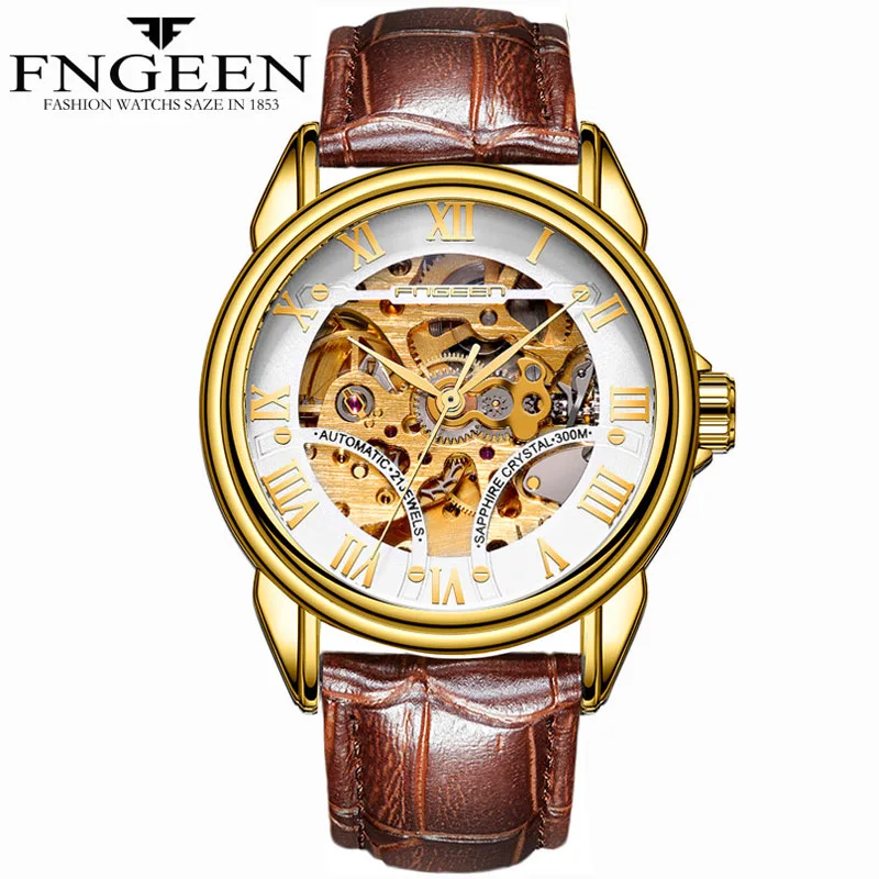 Leather Gold White Золотые часы для мужчин, Лидирующий бренд, высокое качество, водонепроницаемые стальные механические наручные часы, Tourbillon, скелет, Hodinky, мужские часы, Saat - Цвет: Leather Gold White