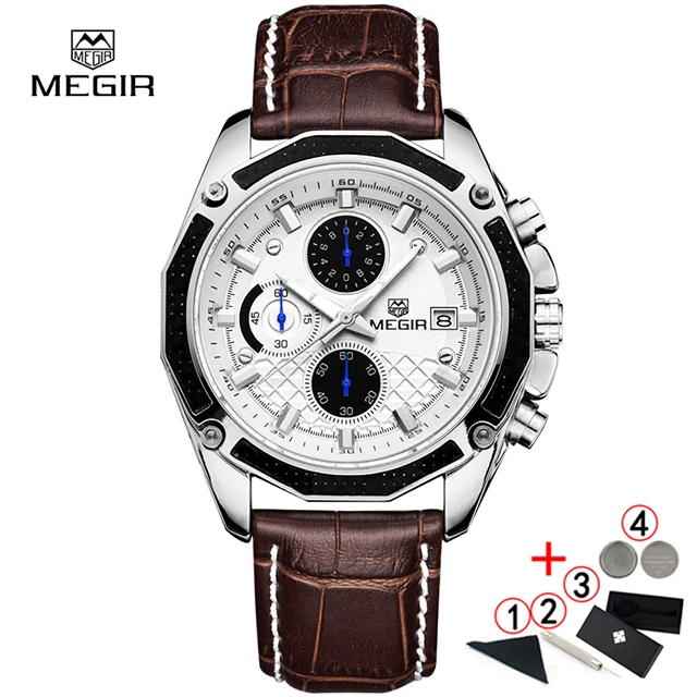 white with box Мужские часы люксовый бренд Megir Бизнес Мужские наручные часы с кожаным ремешком Мужские спортивные часы с хронографом мужские - Цвет: white with box