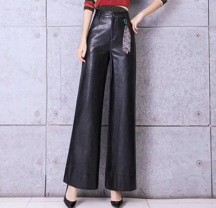 Black with velvet S-3XL размера плюс женские брюки с высокой талией теплые бархатные мотоциклетные ПУ кожаные брюки женские широкие кожаные брюки wq662 - Цвет: Black with velvet