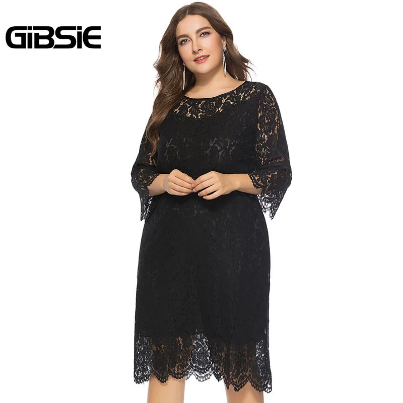 GIBSIE 6XL Для женщин элегантные кружевные вечерние платье Повседневное туника с рукавом три четверти Длина рукавами трапециевидной формы миди платье размера плюс Женская одежда