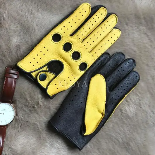 black yellow Осенние и зимние мужские перчатки из натуральной кожи новые модные брендовые Осенние Теплые Перчатки без Подкладки перчатки из сафьяна - Цвет: black yellow