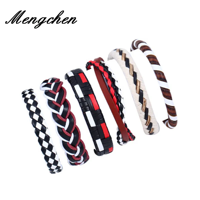 

6PCs/Set Handmade Woven Color Leather Bracelet Set Multilayer Punk Charm Wrap Hand Bracelet Vintage Bracelet