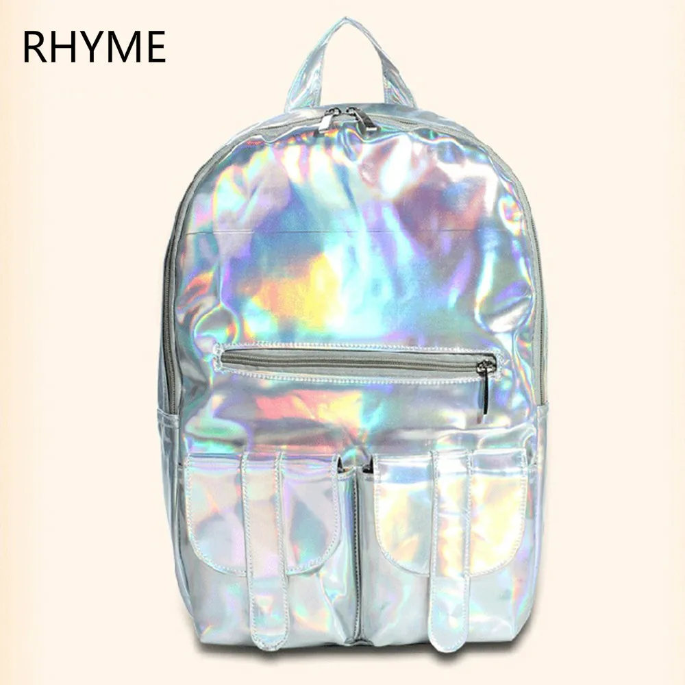 RHYME Mochila Masculina Diamond Backpack Women Silver Hologram Laser Bag Men's PU Holographic Multicolor | Багаж и сумки