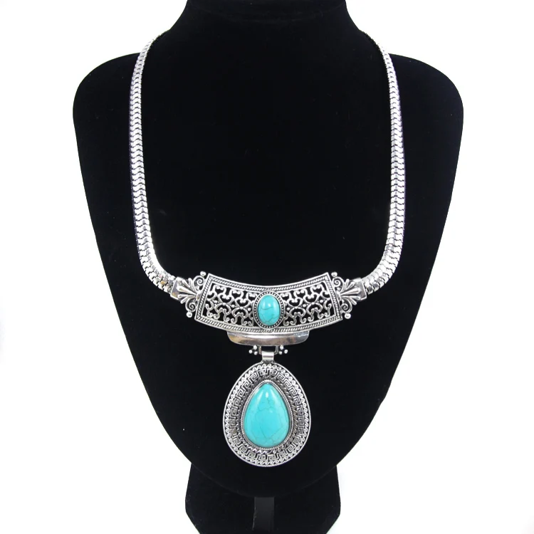 Винтажный металлический чокер-ожерелье с серебряной цепью и голубым камнем с камнями - утверждение ожерелья для женщин ювелирных изделий nkek98.