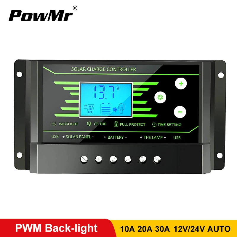 PWM солнечные контроллеры 30A 20A 10A 12 В 24 в авто PV солнечный контроллер заряда задний светильник ЖК-дисплей двойной 5 в USB регулятор заряда