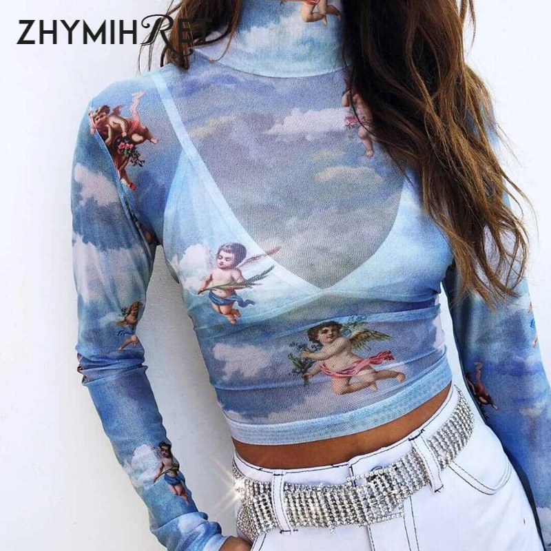 Женская футболка с длинным рукавом ZHYMIHRET осенняя Сетчатая принтом Cupid|Футболки| |