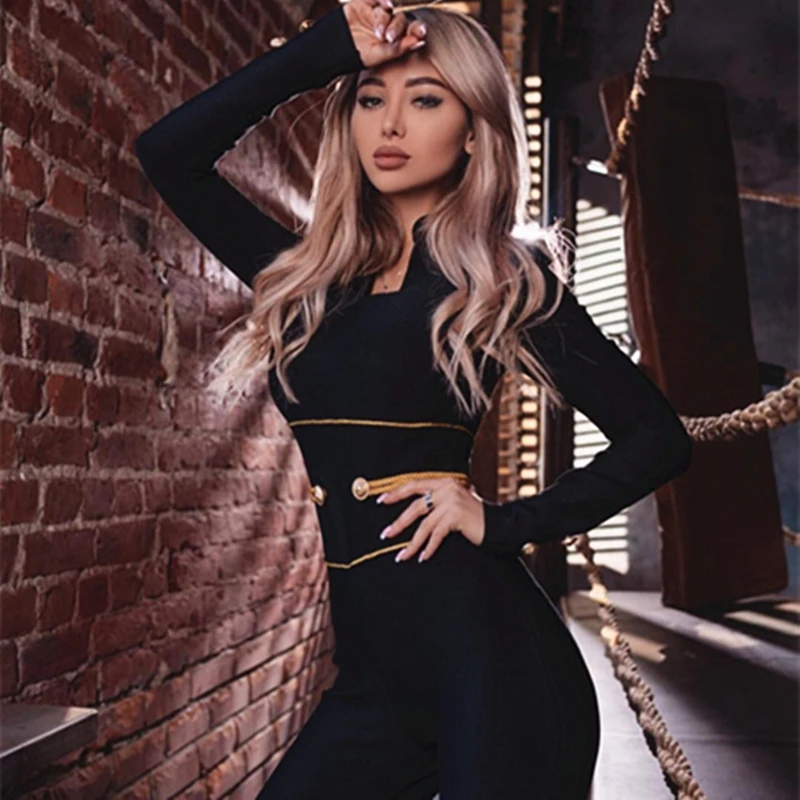 free shipping New Spring Runway Bandage Jumpsuit for Women 2019 Rompers Elegant V Neck Long Sleeve Black Club | Женская одежда