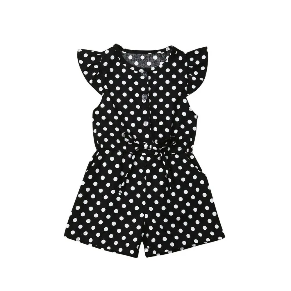 Черный Детский милый комбинезон в горошек с короткими рукавами для девочек, боди для маленьких детей, детская повседневная одежда летний костюм для подвижных игр, размер 80-120 - Цвет: Черный