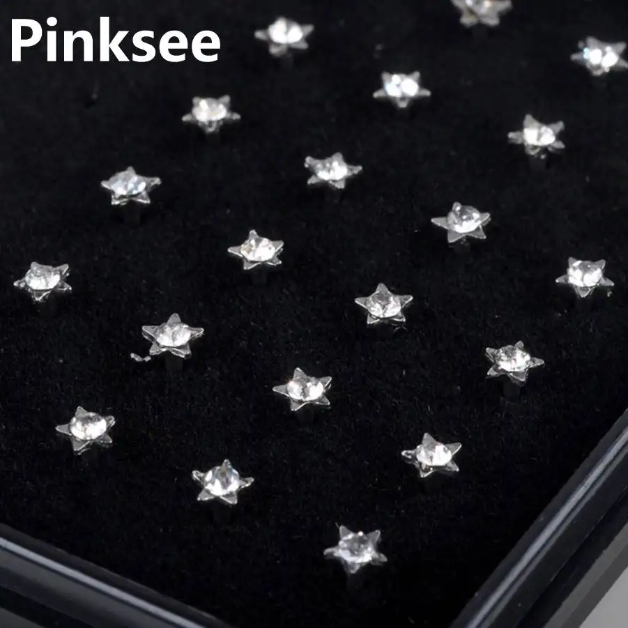 

24pcs/lot Stainless Steel Crystal Rhinestone Nose Studs Hooks Bar Pin Fashion Nose Rings Body Piercing Jewelry For Women