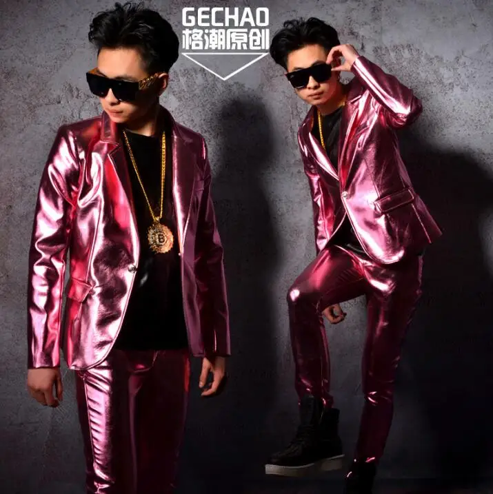 

M-6XL!! Nightclub bar male singer DSDJ Quan Zhilong GD pink pearlescent PU suit hairdressing bar costume accessories
