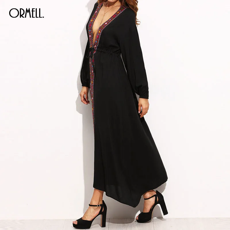 ORMELL Дамы Черная Урожай Племенной Вышивка Платья Макси Осень Пляж 2016 Женщин Boho