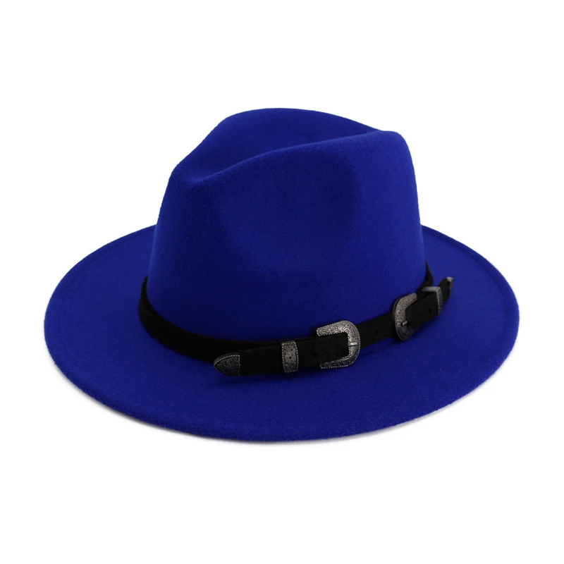 Royalblue Унисекс с широкими полями шерсть фетровые шляпы федоры с модная пряжка для пояса для мужчин и женщин формальная Вечеринка джаз шляпа Панамка шляпа игрока - Цвет: Royalblue