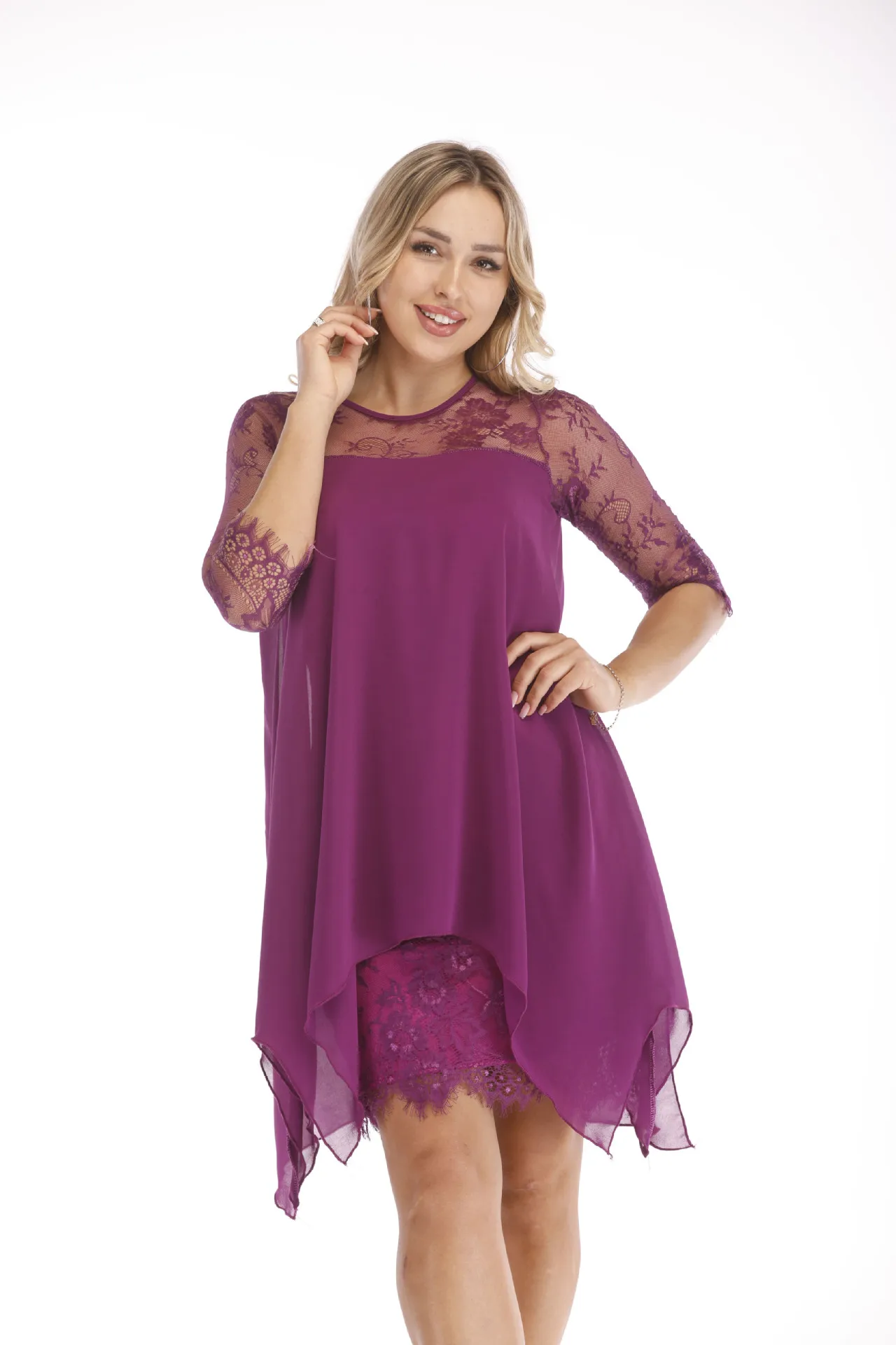 Dark purple 15 цветов, женское модное кружевное платье, повседневное, свободное, рукав до локтя, элегантное платье с круглым вырезом, одноцветное, большой размер, 3XS-5XL, новинка - Цвет: Dark purple