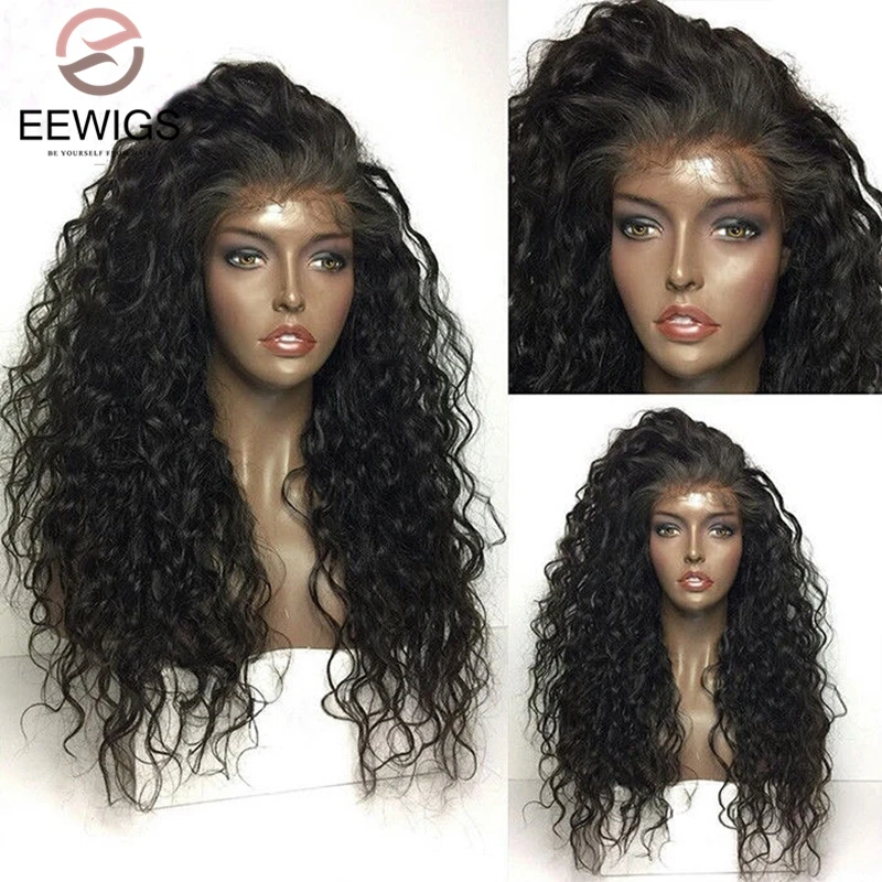 

EEWIGS Natural black Synthetic Lace Front Wig Glueless Afro Curly Wigs Heat Resistant for Women Can Put Ponytail
