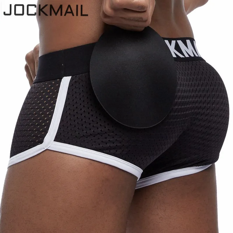 JOCKMAIL Sexy Men underwear Boxers Men's Padded Enhancing Removable front and bottom Breathable Mesh Gay Underwear Spring summer