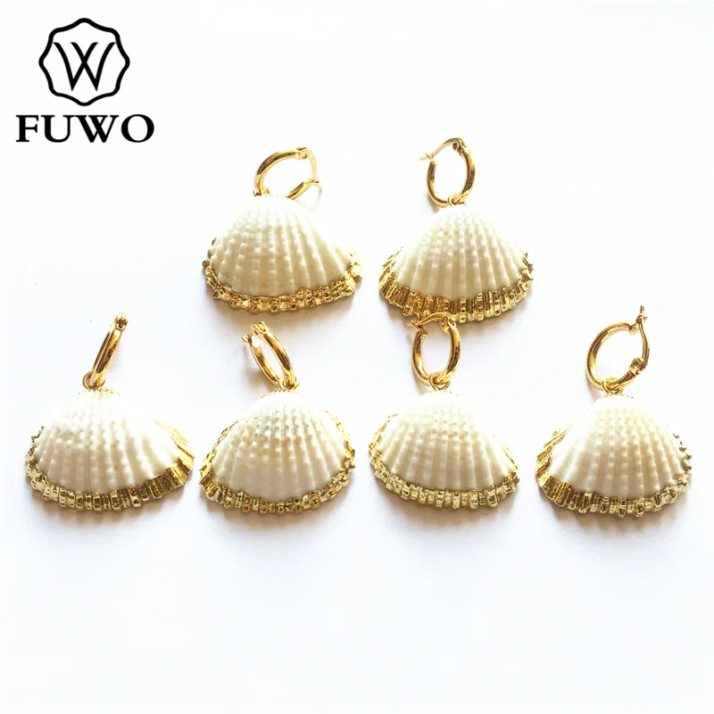 Женские свадебные серьги FUWO в виде ракушек из натурального гребешка с золотой