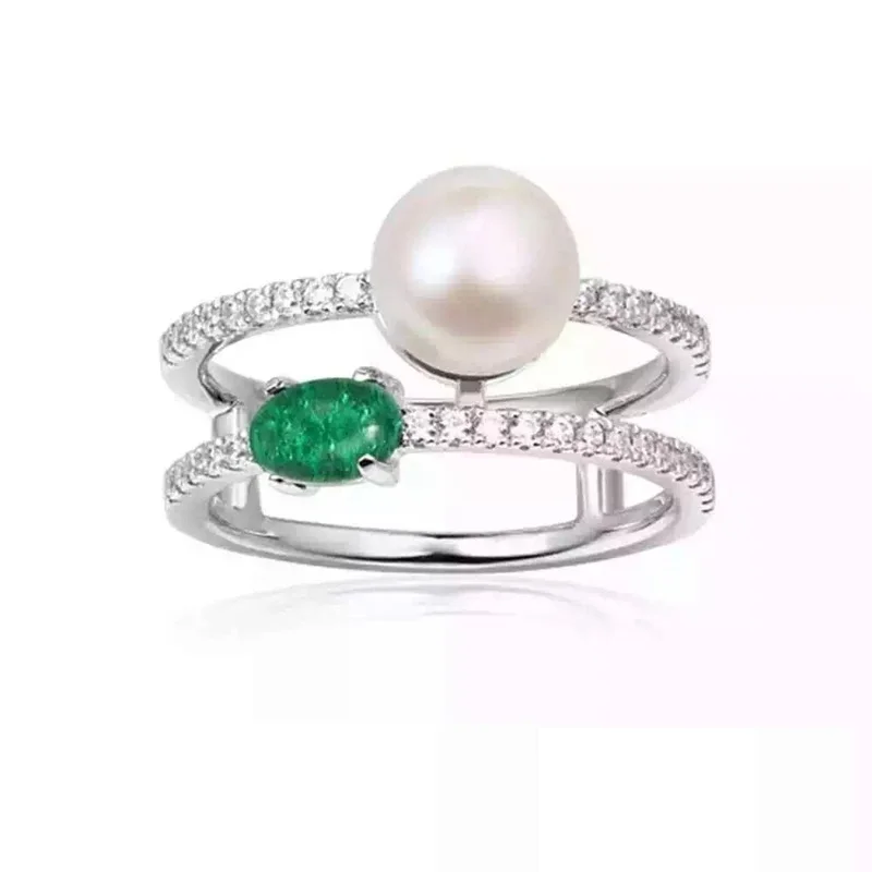Модное зеленое циркониевое кольцо на палец с имитацией жемчуга Двухслойное