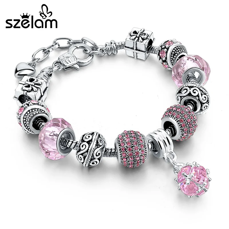 

Szelam Fashion Jewelry European Silver Bracelets For Women With Pink Crystal Charm Bracelets & Bangles Diy Pulsera SBR160087