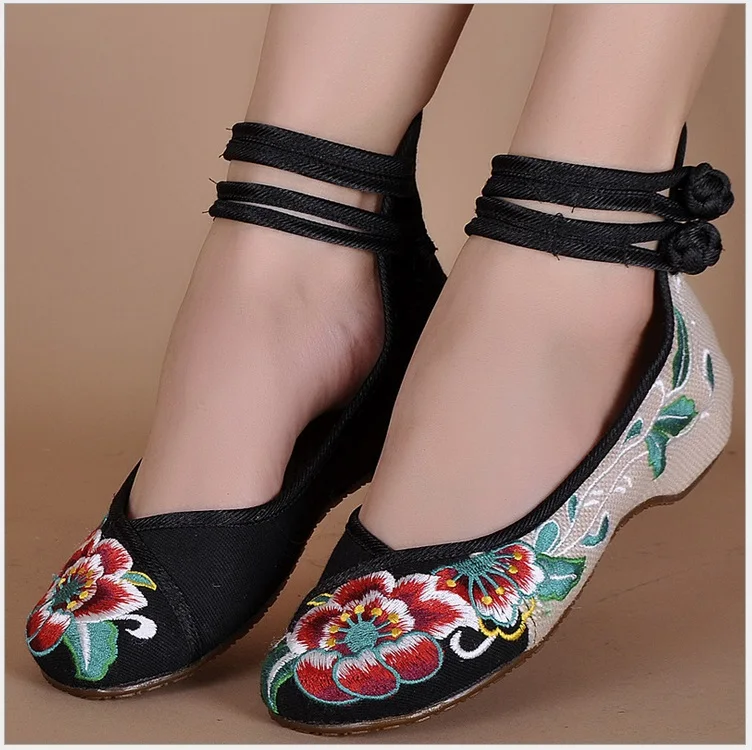 Chinese traditional hibiscus flowers embroidery Old Beijing cloth shoes women's Mary Jane soft sole Peking | Обувь
