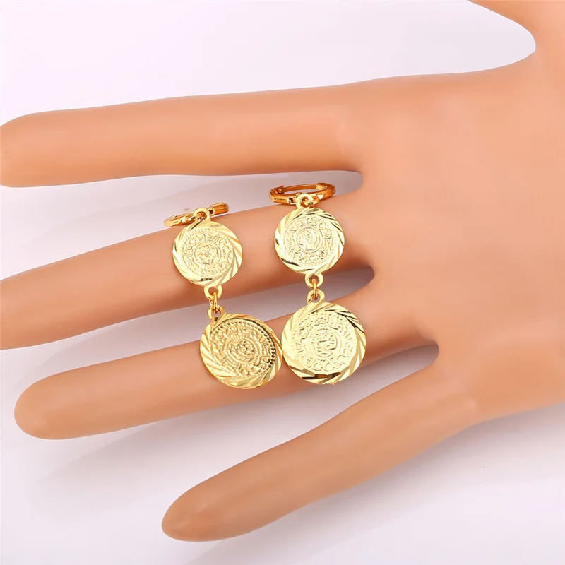 Женские длинные серьги подвески в форме монет золотистого цвета|coin earrings|coin drop