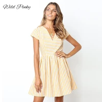 wildpinky 2022 new sexy v neck dress women summer yellow striped print short sleeve sundresses mini party beach dress vestidos