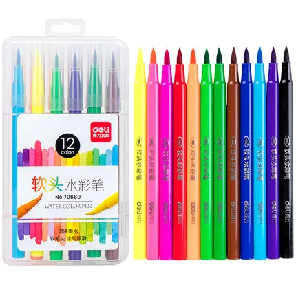 12 colors Deli, 24 шт./12 шт. в наборе, цветные ручки для рисования, цветной рисунок, Мягкая головка, моющиеся акварельные ручки, набор, волоконные кисти, маркеры - Цвет: 12 colors