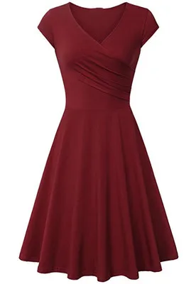 Jujube red Зеленое платье женское фиолетовое черное желтое 16 цветов S-3XL Плюс Размер Новое весенне-летнее плиссированное платье с коротким рукавом с v-образным вырезом LR193 - Цвет: Jujube red