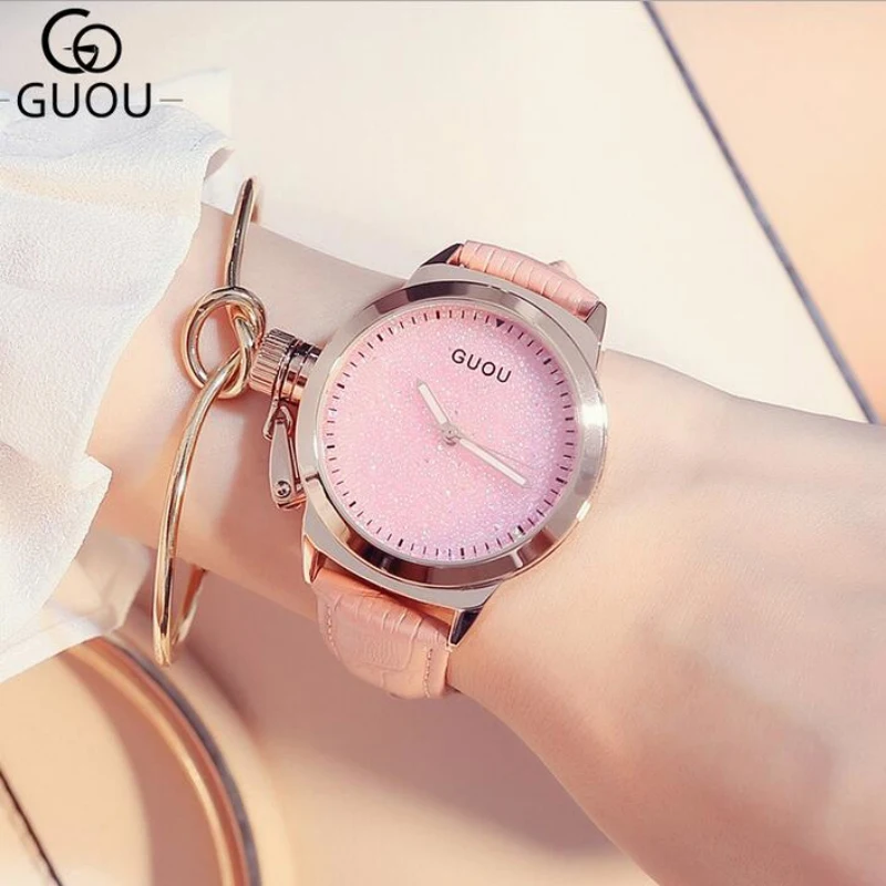 Часы наручные GUOU женские с бриллиантами Роскошные блестящие цвета розового