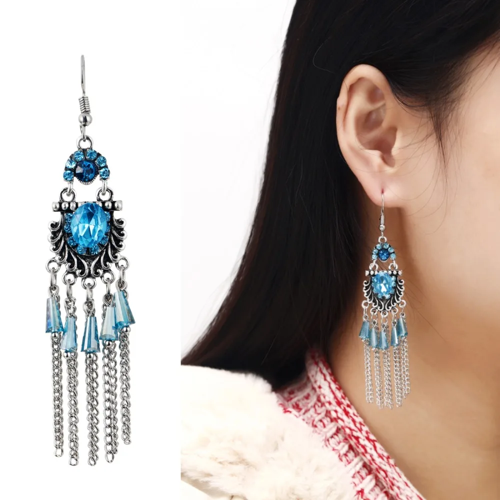 Эффектные длинные серьги с кисточками в богемном стиле красочные Кристальные