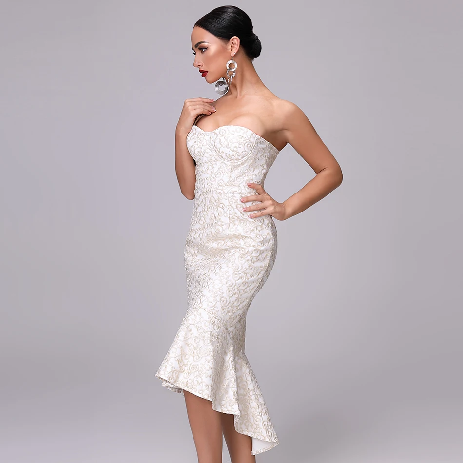 Роскошное Золотое кружевное длинное платье для женщин Русалка Vestidos сексуальное без бретелек облегающее Бандажное платье для вечеринок Новое подиумное рождественское платье
