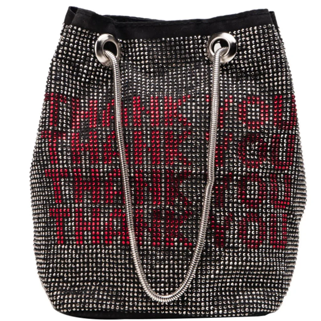 Fashion Casual Summer Women's Multicolor Bright Diamond Package Chain Letter Bucket Bag Small Square Beach Simple Bag - Цвет: BK