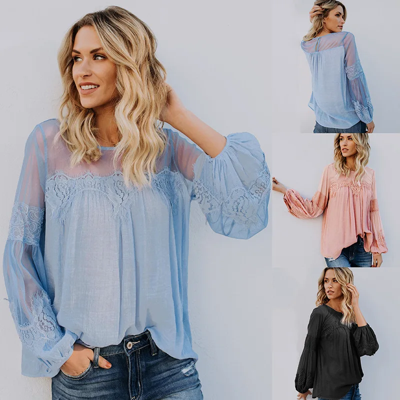 

elegant office lady lace solid woman blouse O-neck long sleeve lantern sleeve korean style hot sales skirt 2019