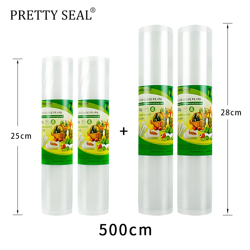 PRETTYSEAL пищевые вакуумные пакеты для запечатывающего устройства контейнер для пленки пищевой герметичный мешок 2 рулона 25*500 см+ 2 рулона 28*500 см пластиковый рулон для обертывания