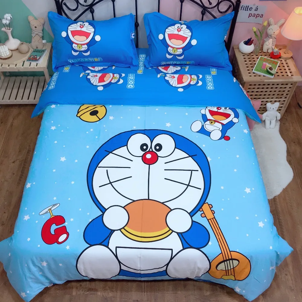 Постельное белье с аниме набор Doraemon Дети чистый хлопковое стеганное одеяло двойной королева король милый пододеяльник плоский лист музыка постельное белье