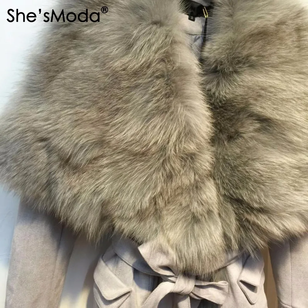 She'sModa роскошный замшевый натуральный Лисий меховой воротник пояса тонкий женский зимний панк пальто куртка