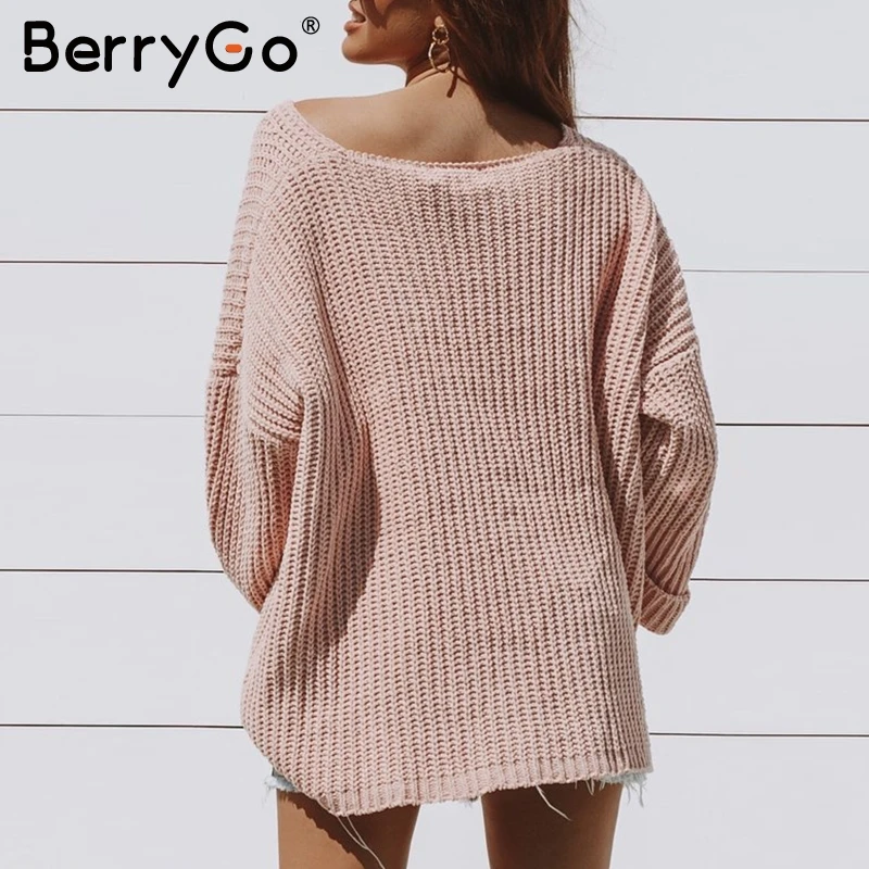 BerryGo Повседневный вязанный женский свитер с карманами v-образный вырез свободный