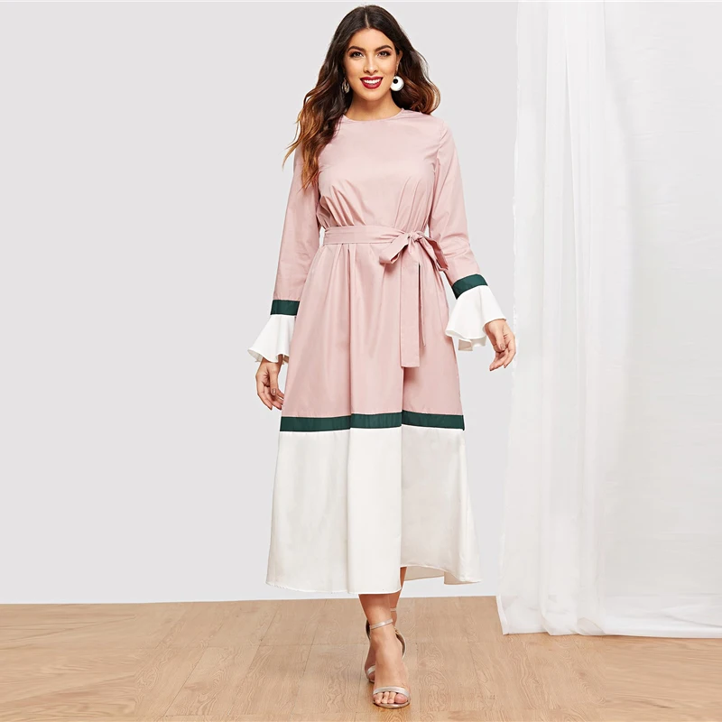 SHEIN Контрастное Платье С Поясом И Оригинальным Рукавом Женское Многоцветное Осеннее Элегантное Платье С Длинными Рукавами И Оборками